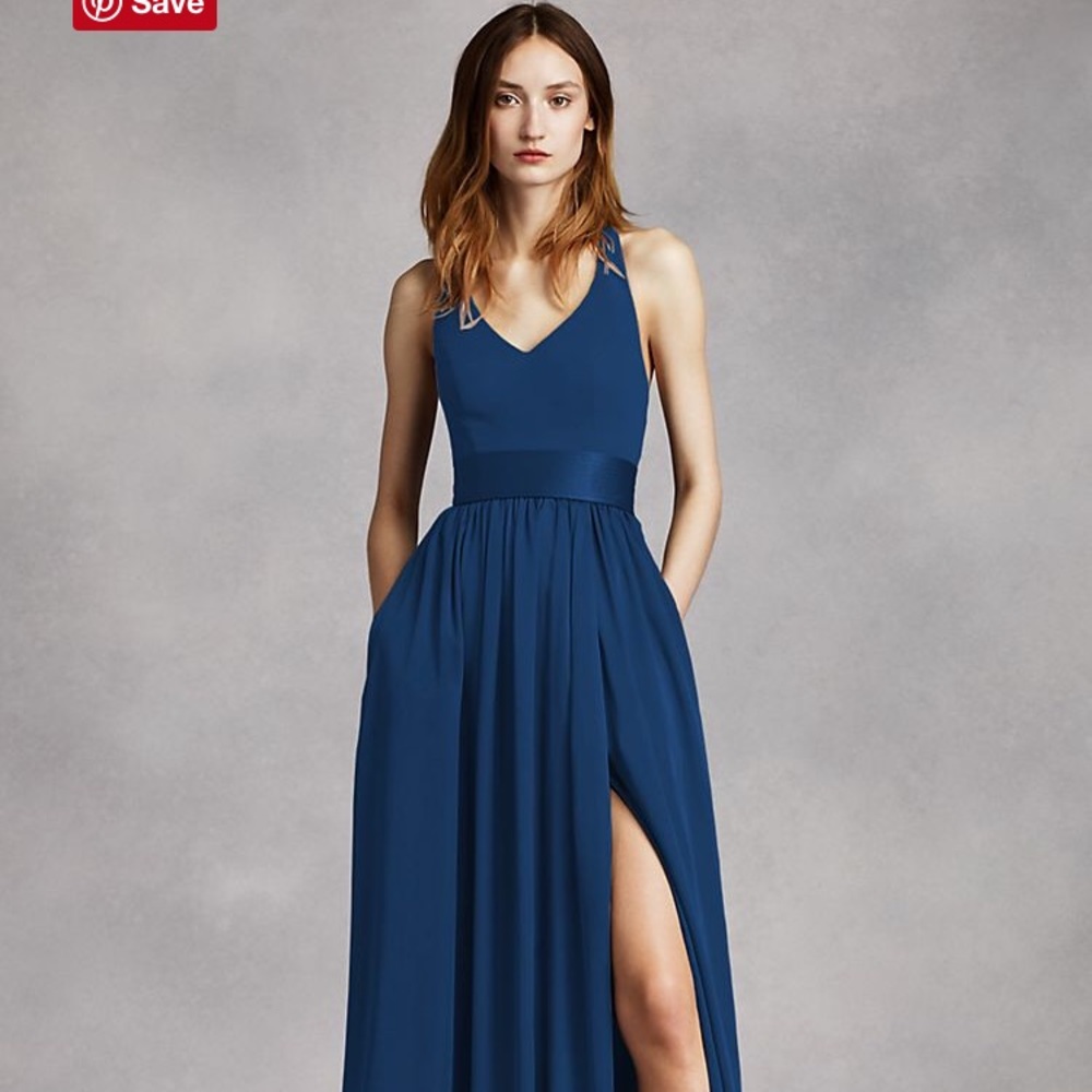 David’s Bridal V neck halter gown with sash